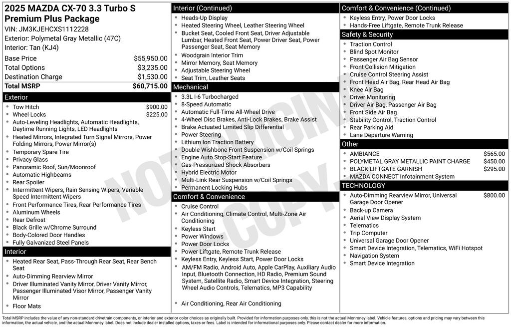 Certified 2025 Mazda CX-70 3.3 Turbo S Premium Plus Package SUV