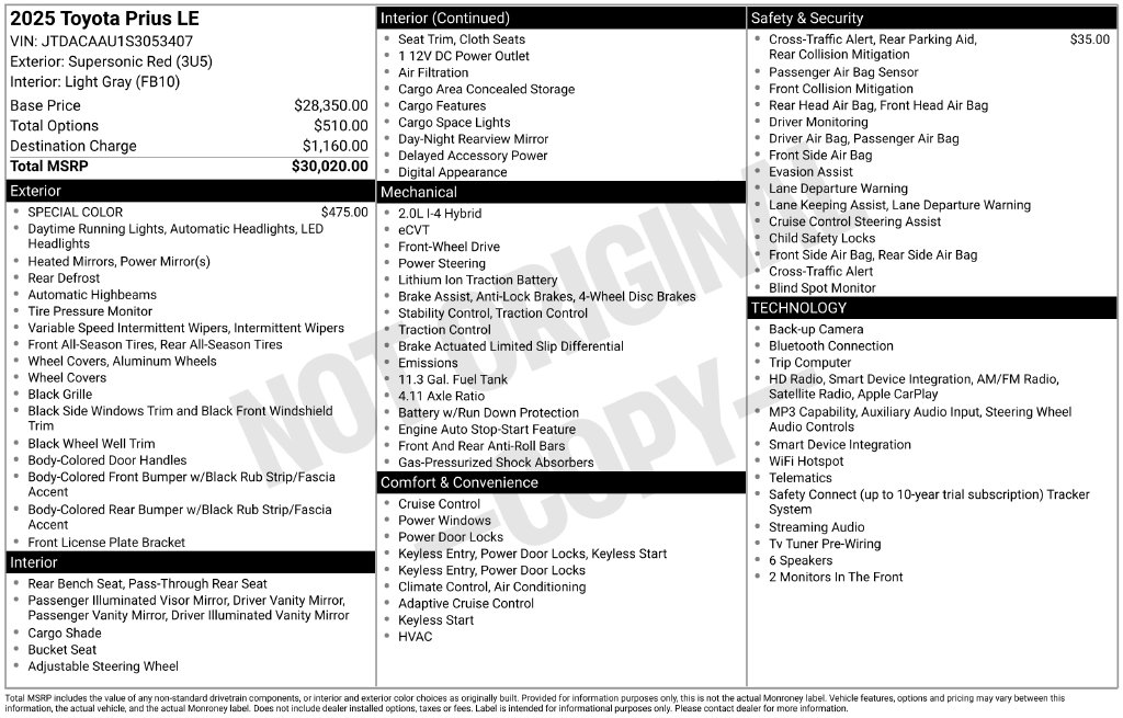 Certified 2025 Toyota Prius LE Hatchback