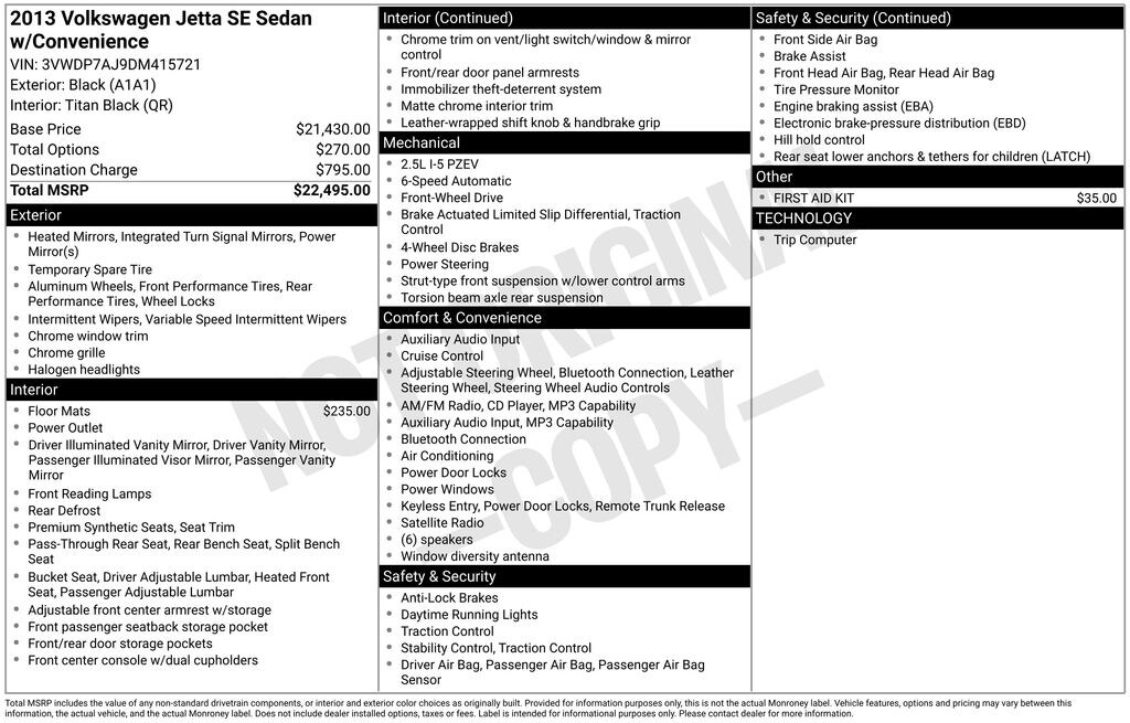 Used 2013 Volkswagen Jetta 2.5L SE Sedan