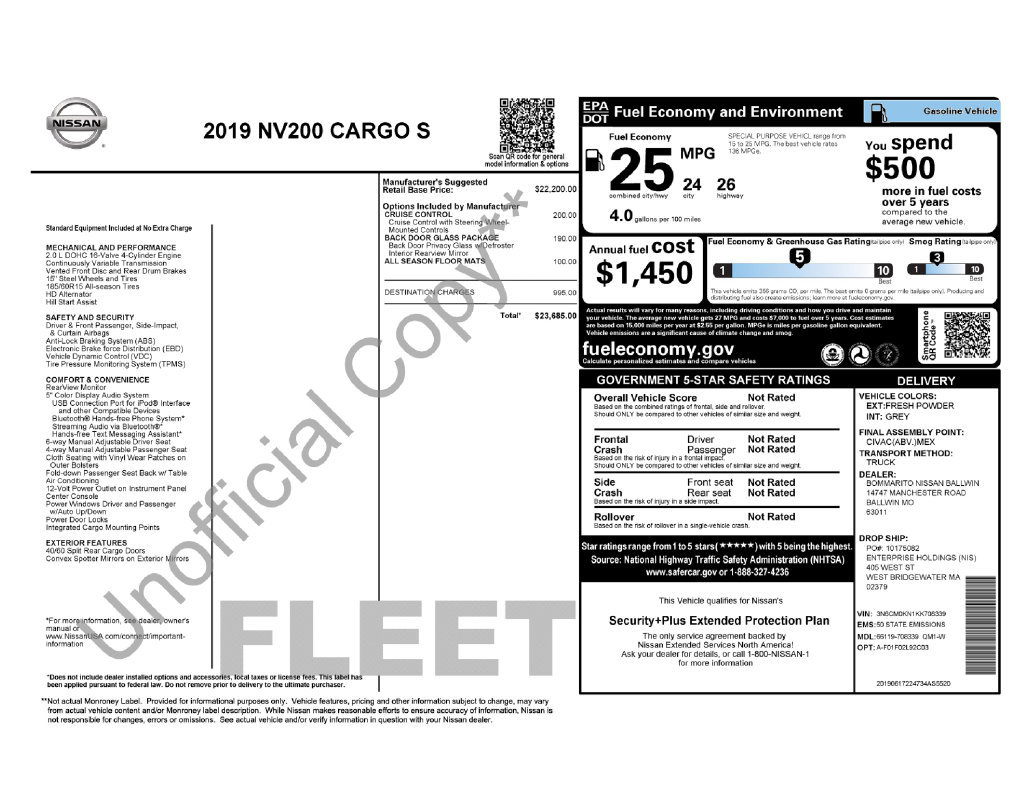 Used 2019 Nissan NV200 S Van Compact Cargo Van