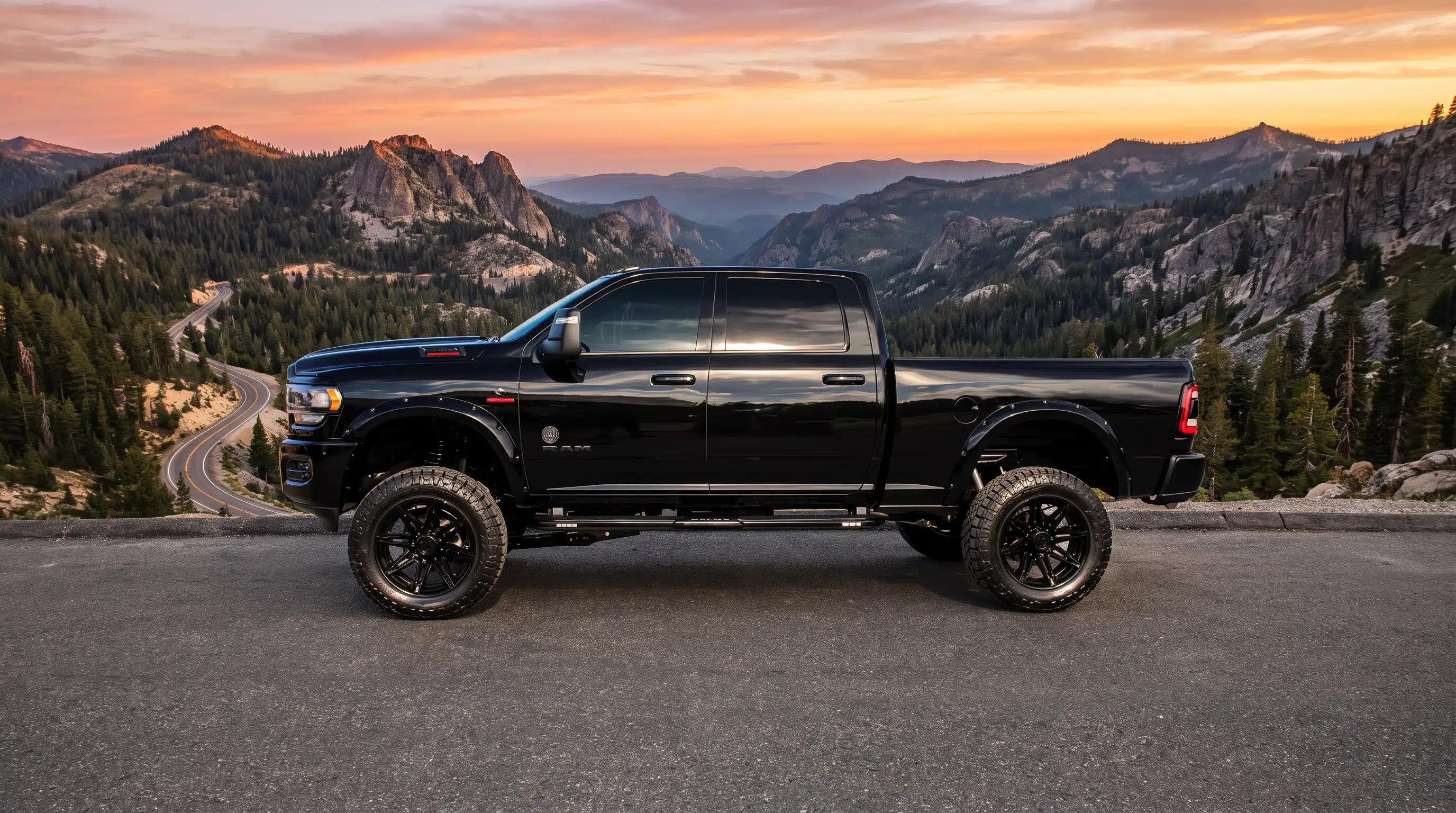 Lifted RAM truck in the Gibson Truck World service department in Sanford, FL