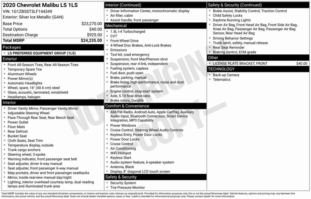 Certified 2020 Chevrolet Malibu LS Sedan