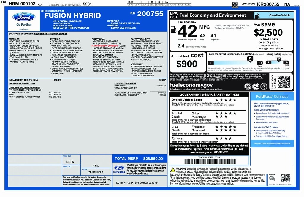 Certified 2019 Ford Fusion Hybrid SE Sedan