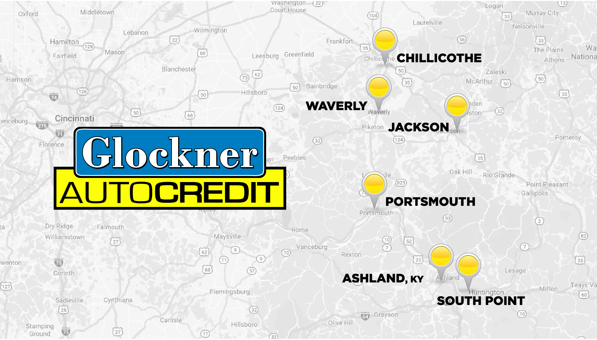 Map of Glockner Auto Credit locations in Ohio and Kentucky