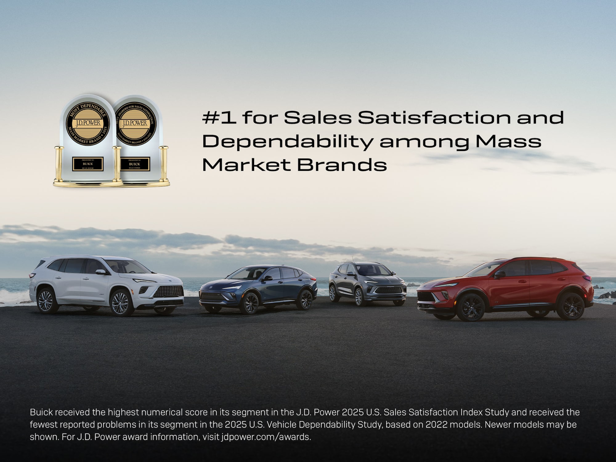 #1 for Sales Satisfaction and Dependability among Mass Market Brands. Buick received the highest numerical score in this segment in the J.D. Power 2025 U.S. Sales Satisfaction Index Study and received the fewest reported problems in its segment in the 2025 U.S. Vehicle Dependability Study based on 20222 models. Newer models may be shown. For J.D. Power award information, visit jdpower.com/awards.;