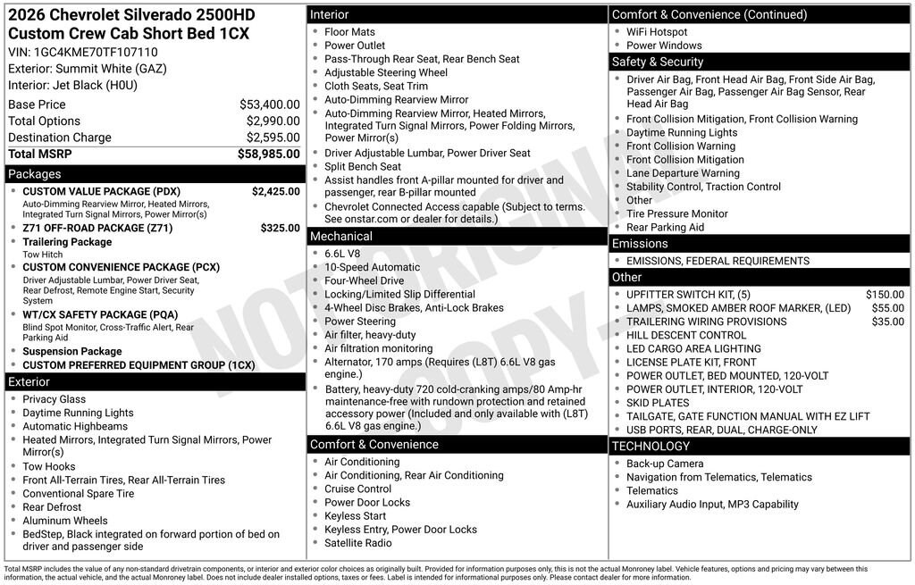 New 2026 Chevrolet Silverado 2500 HD Custom Truck