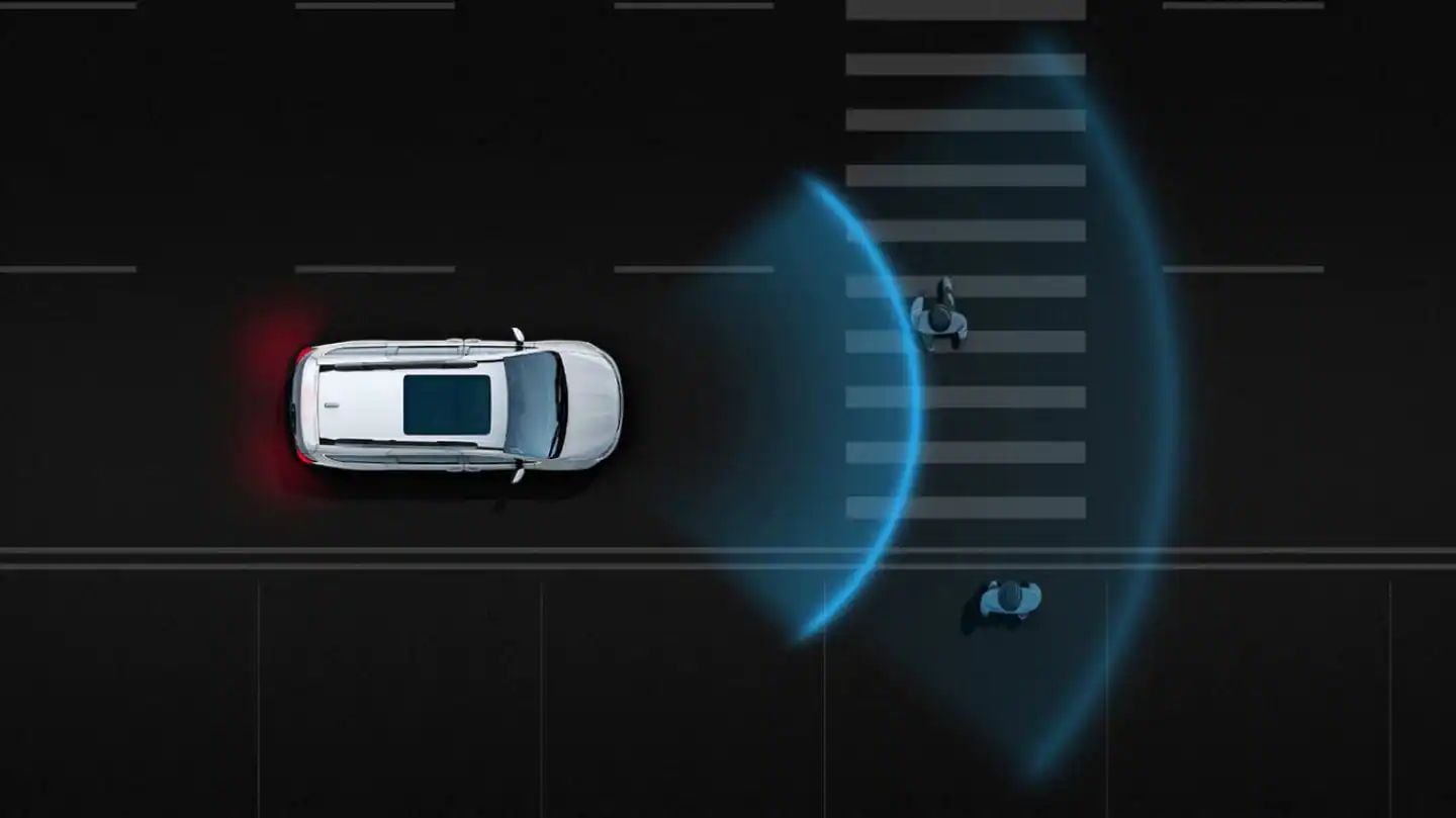 Illustration of the Pedestrian Automatic Emergency Braking technology system on the Chrysler Pacifica