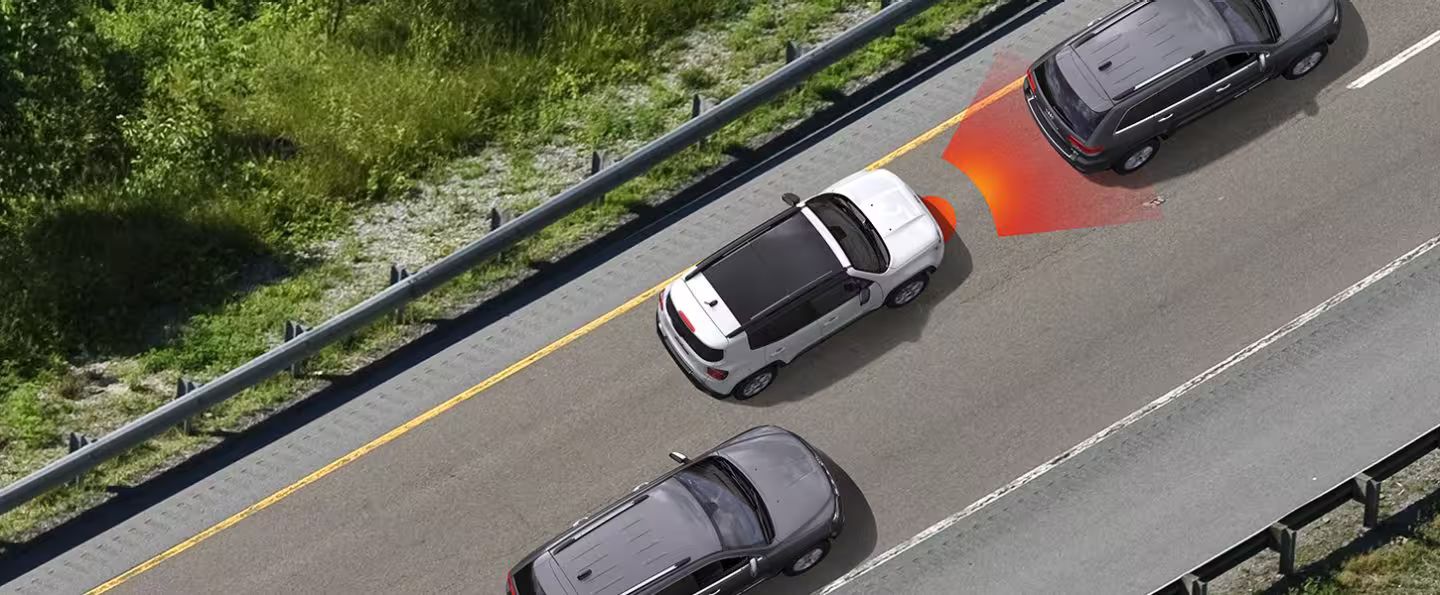 Illustration of Jeep's Full-Speed Forward Collision Warning with Active Braking system.