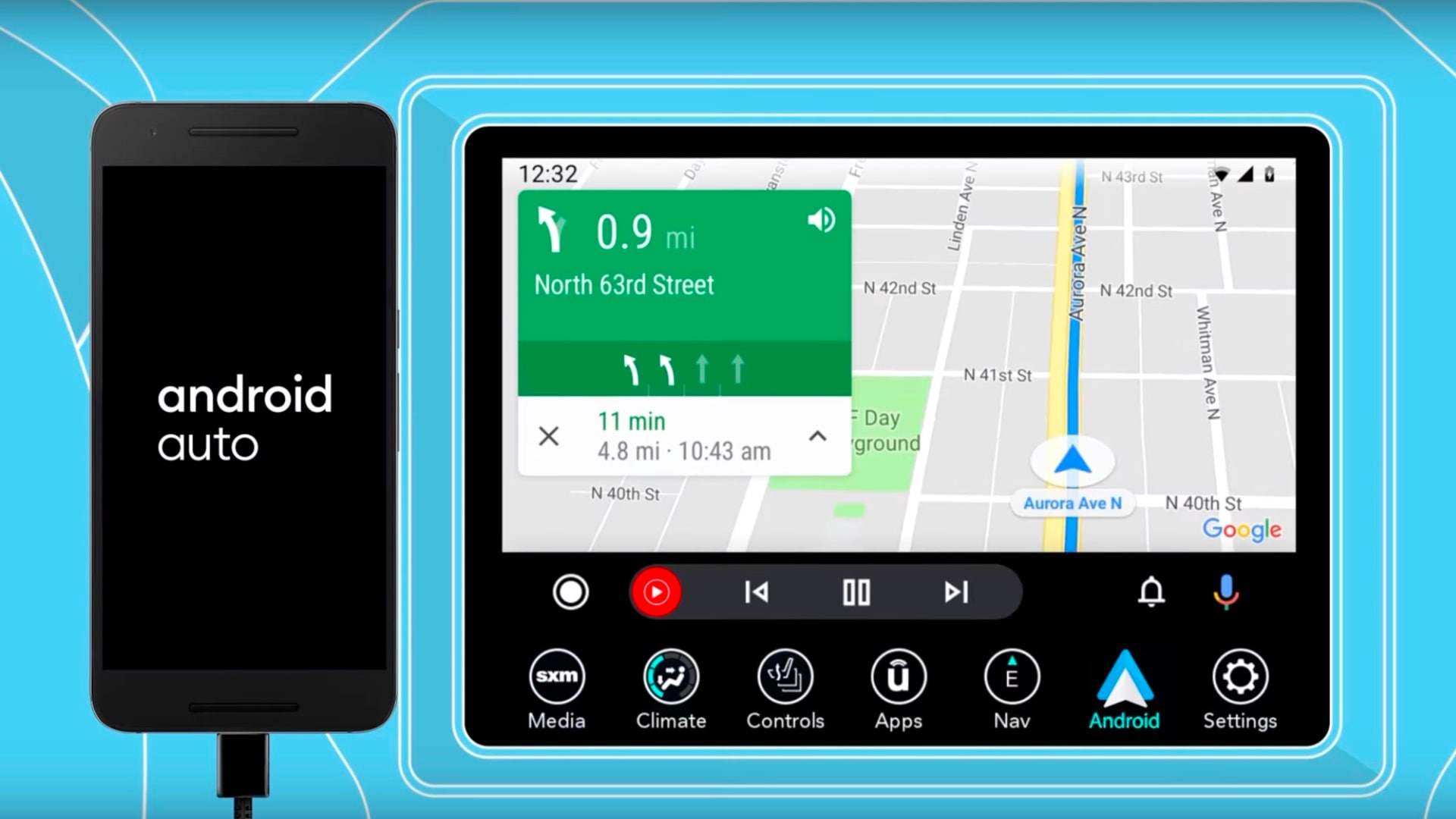 Visual design displays an Android on the left and a mockup of the Android Auto interface on the right