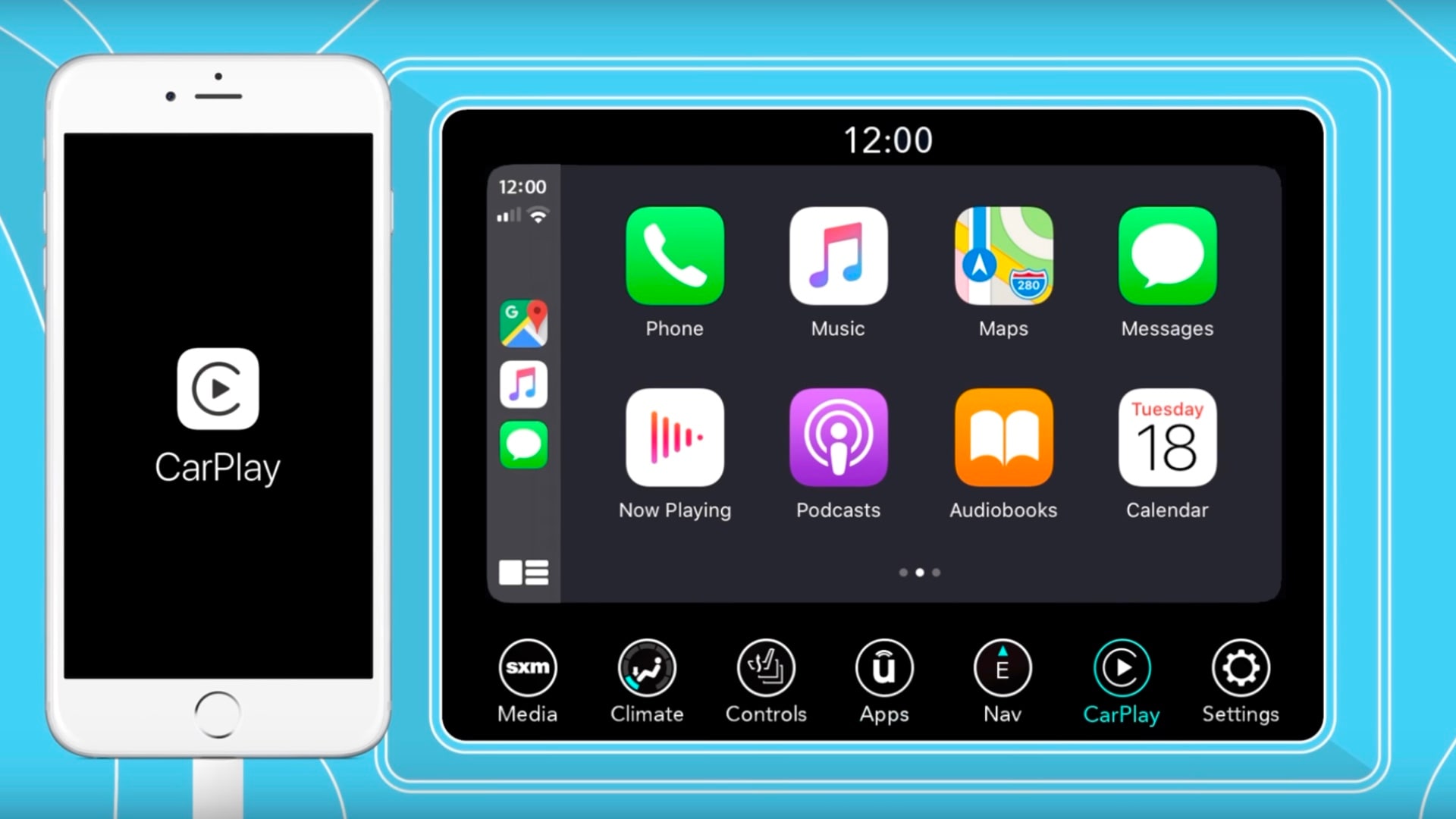 Visual design displays an iPhone mockup on the left and a mockup of the Apple CarPlay interface on the right
