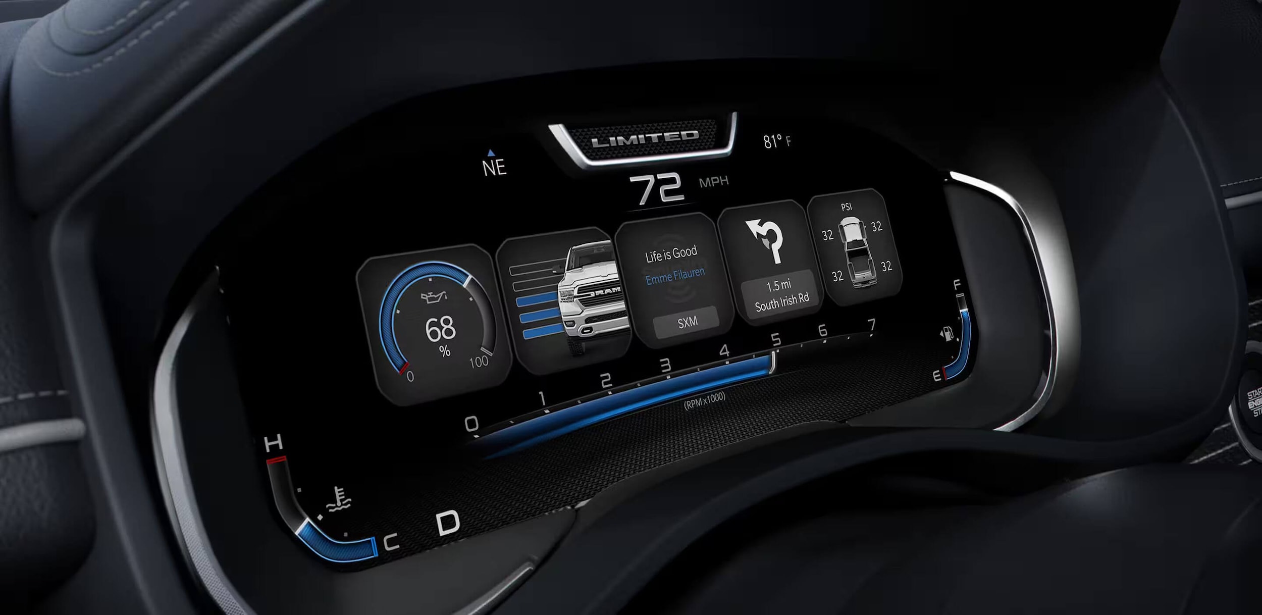 Instrument cluster of the 2024 Ram 1500 showing the status of the truck's engine, including the status of the oil, which is reading 68%.