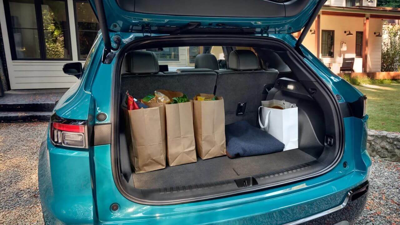  The back of a Honda Prologue opened up with groceries inside the trunk area.