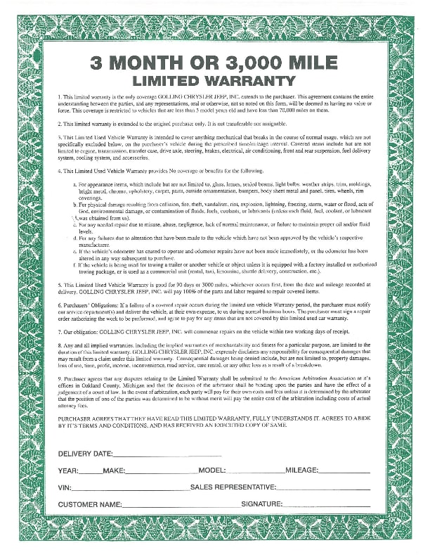 Limited Warranty | Golling CDJR | Bloomfield & Birmingham, MI