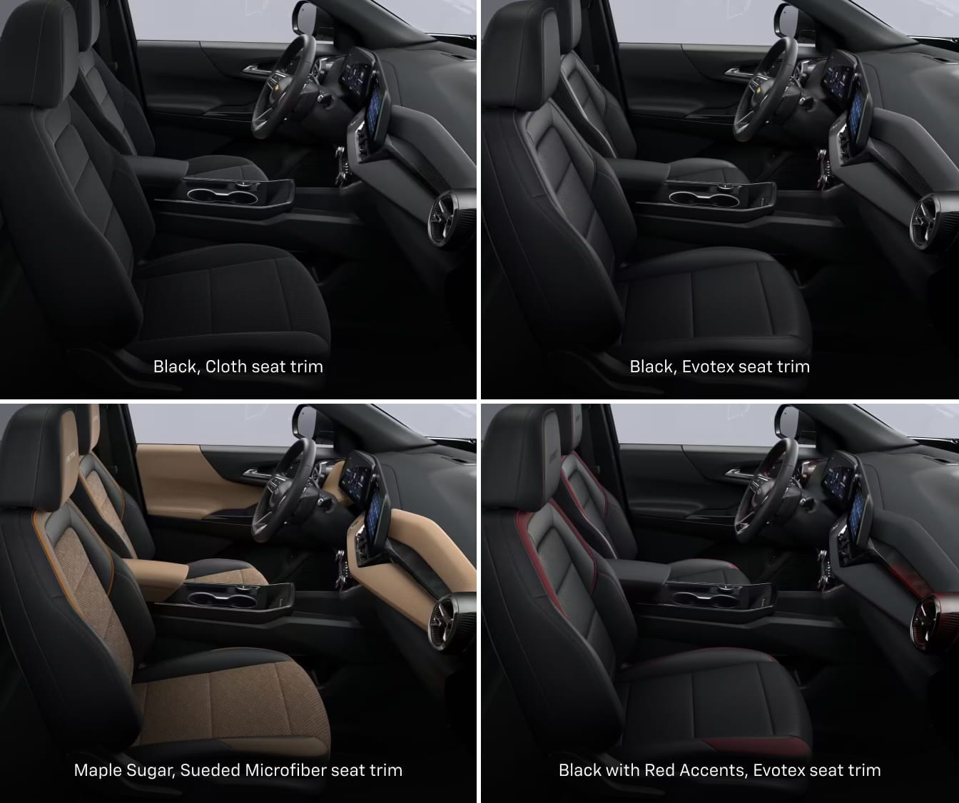 Four 2026 Chevrolet Equinox interiors displaying seat trims and colors.