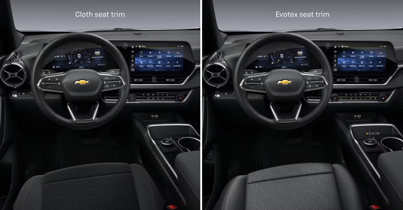 The image compares two 2026 Chevrolet Equinox interiors with different seat trims.