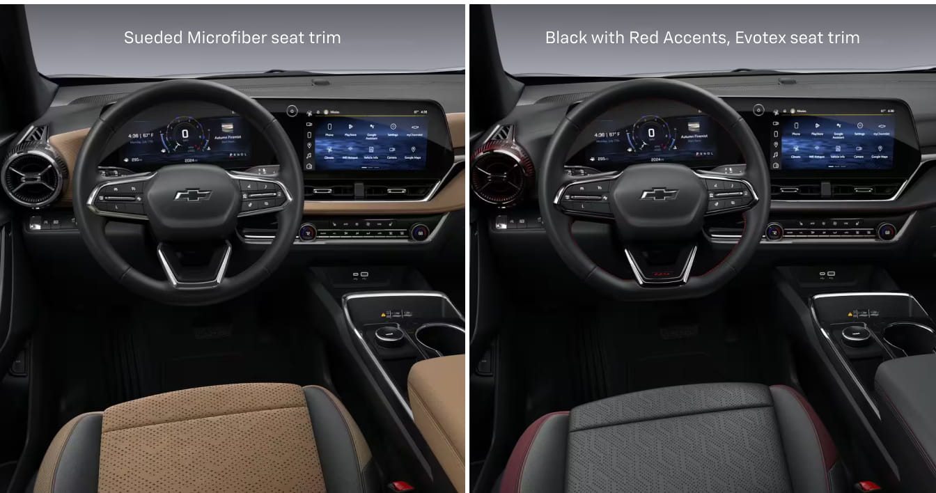 The image compares two 2026 Chevrolet Equinox interiors with different seat trims.