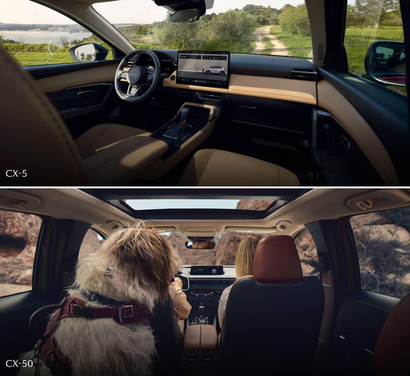 Split image of two perspective shots showing the Mazda CX-5 cockpit from the passenger seat and CX-50 interior from the rear seat.