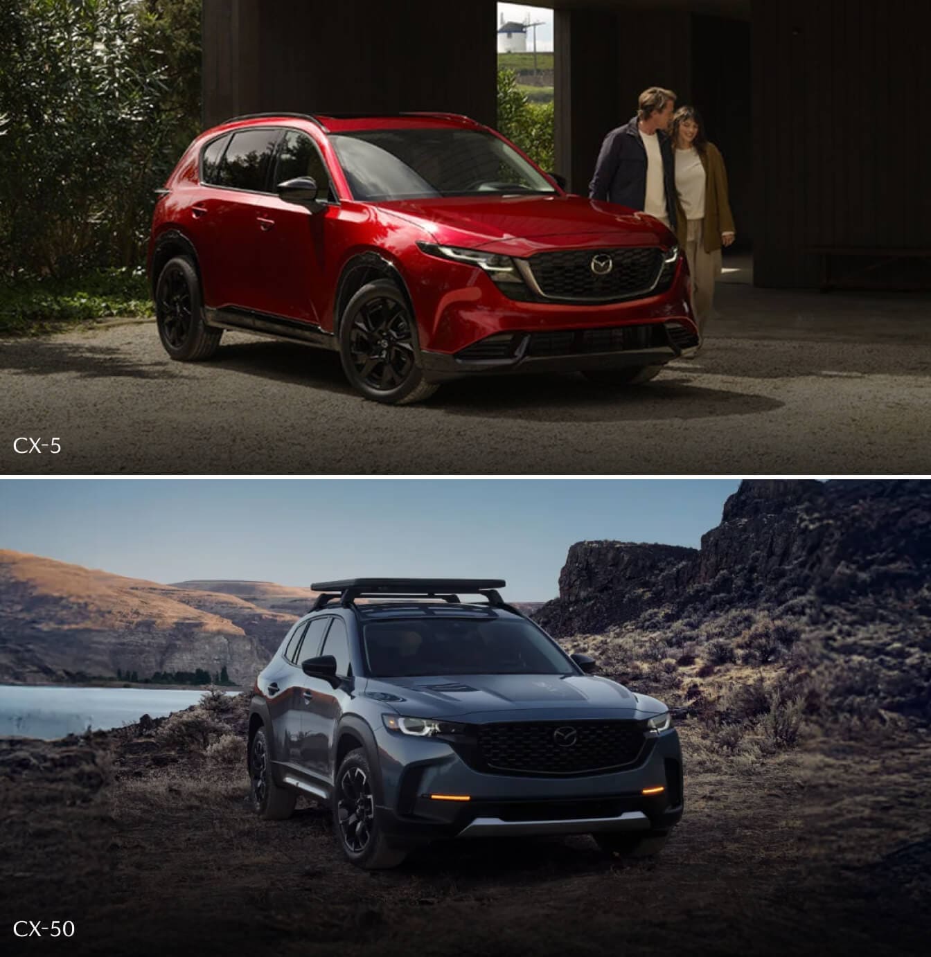 Exterior of a red 2026 Mazda CX-5 parked in a driveway as a couple walks by. A gray Mazda CX-50 parked in a rocky clearing.
