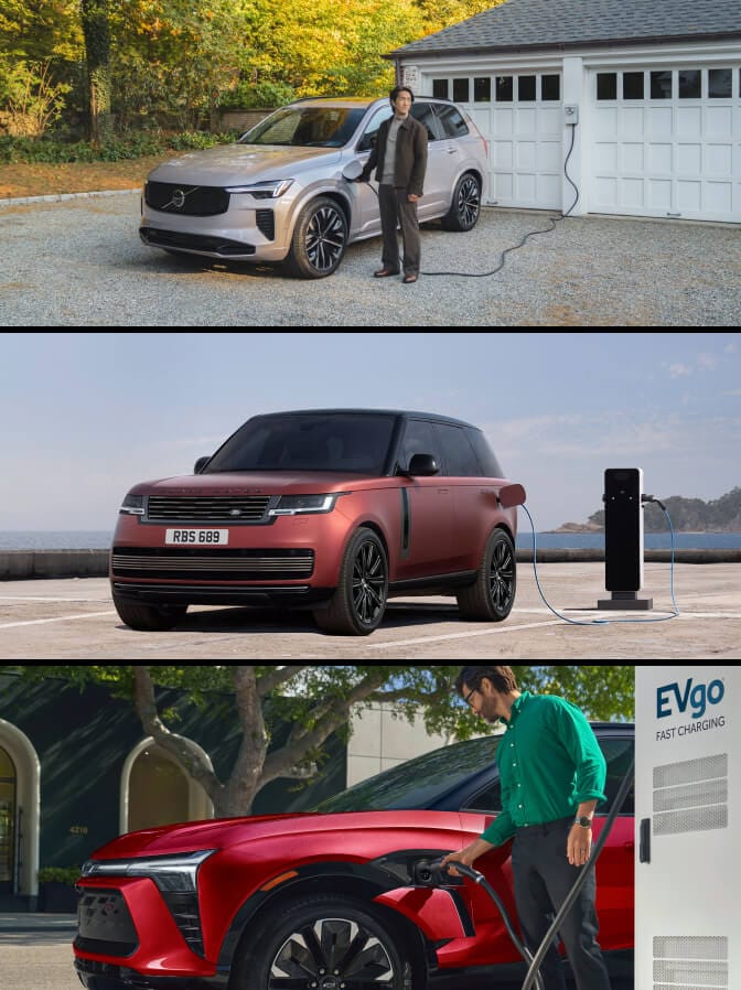 Split view of a Volvo SUV, red Range Rover, and red Chevy Blazer EV charging in different settings.