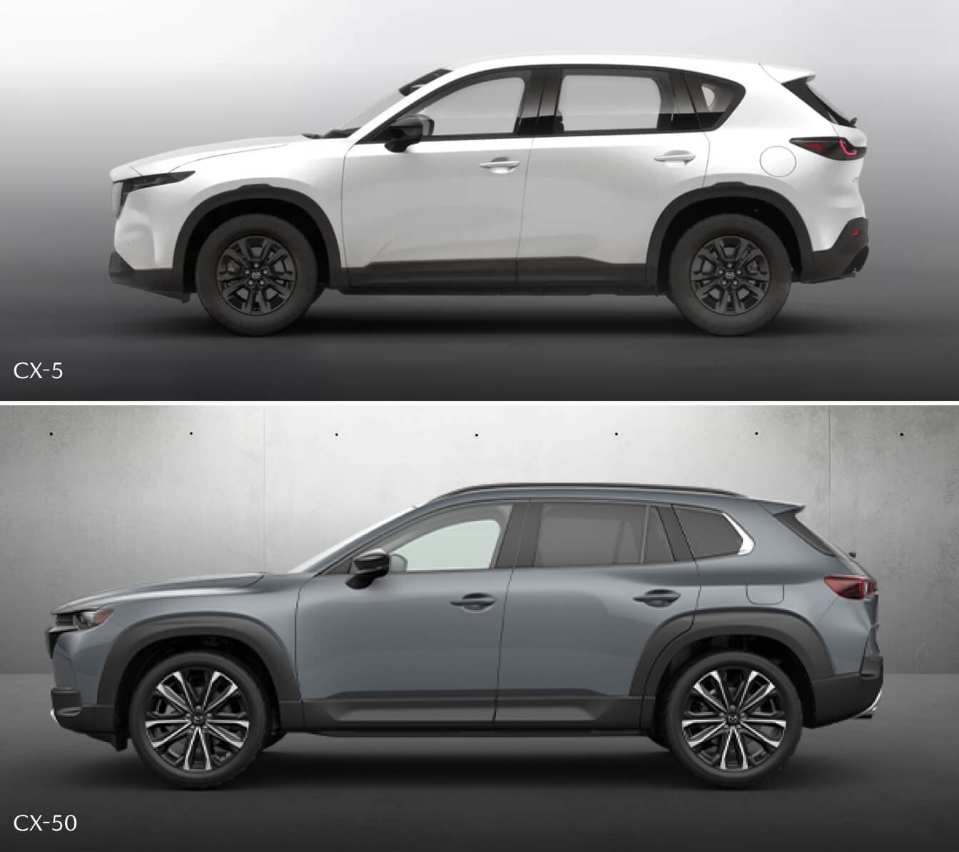 Side views of a white Mazda CX-5 and a gray Mazda CX-50 parked in plain concrete rooms.