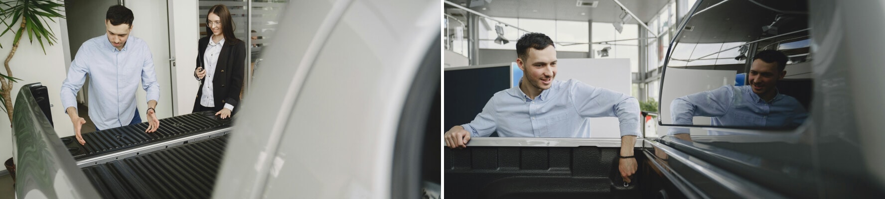 A car dealer showing a truck bed to a young man.