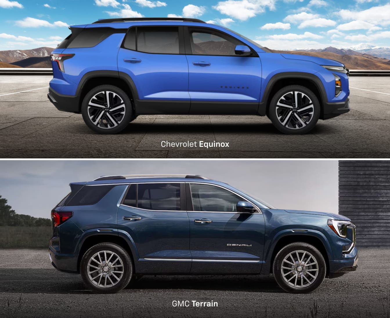 Side-by-side image comparing the Chevrolet Equinox and GMC Terrain SUVs, highlighting their side profiles.
