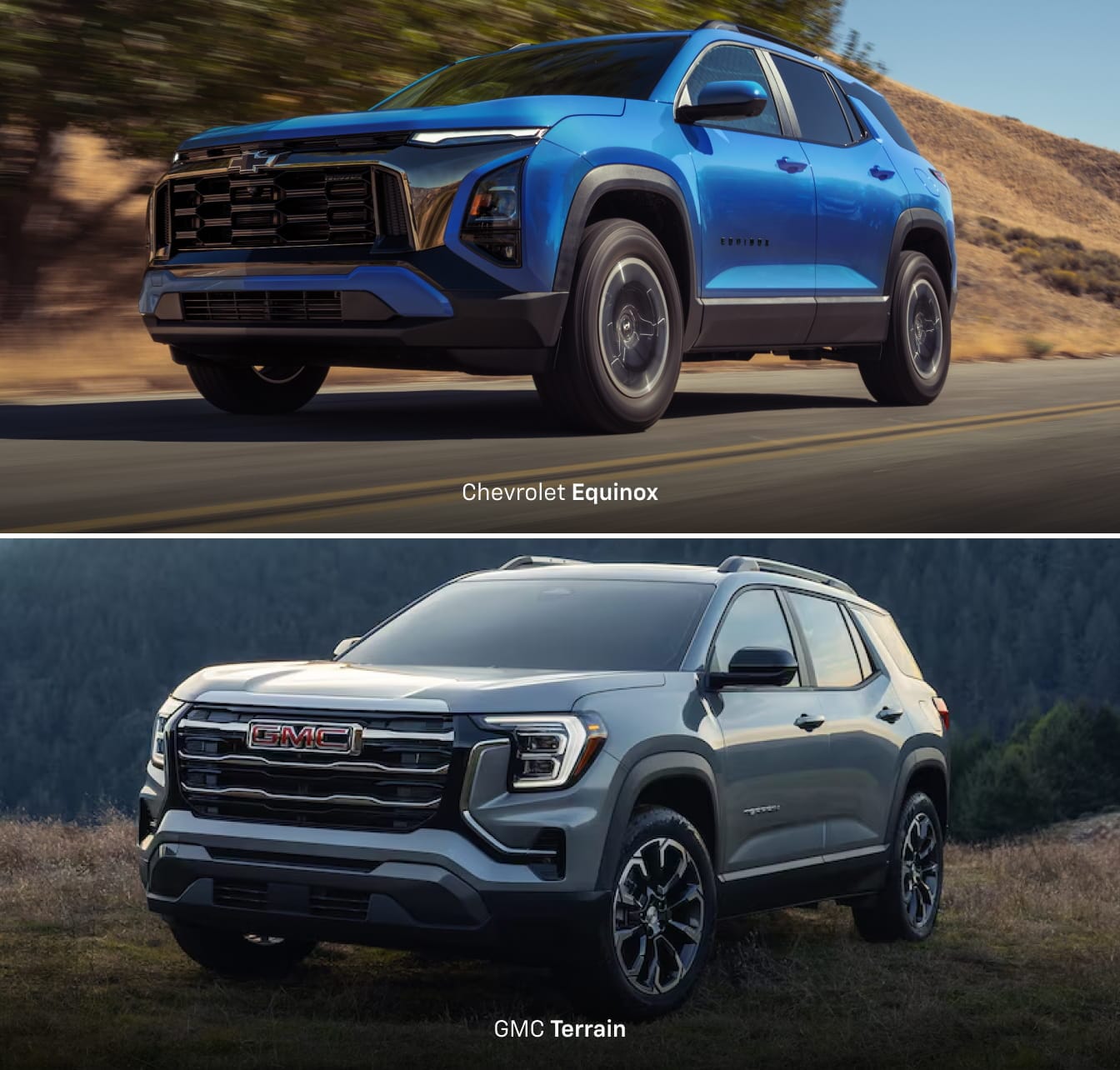 Side-by-side image comparing the Chevrolet Equinox and GMC Terrain SUVs in outdoor settings.