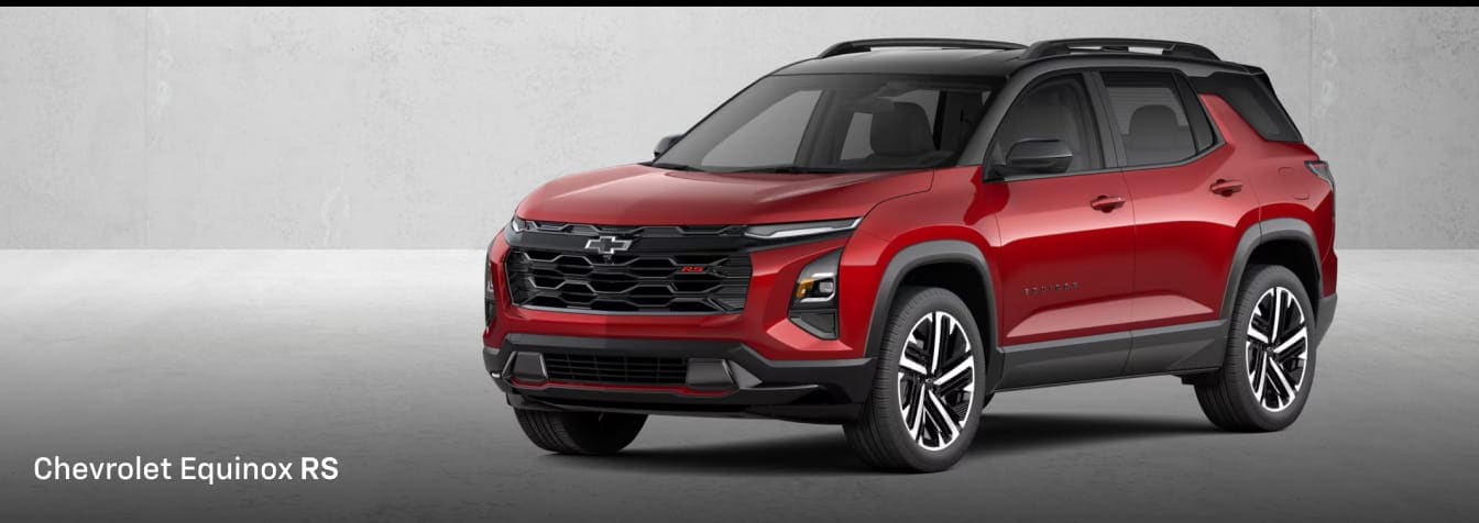 Front three-quarter view of a red Chevrolet Equinox RS SUV against a clean studio-style background.