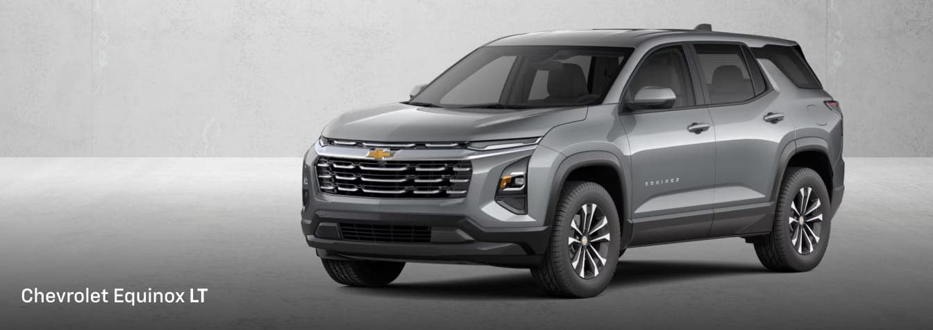 Front three-quarter view of a silver Chevrolet Equinox LT SUV against a clean studio-style background.