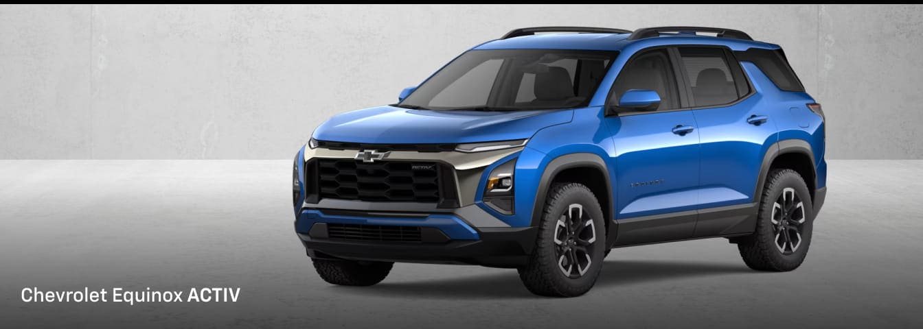 Front three-quarter view of a blue Chevrolet Equinox ACTIV SUV against a clean studio-style background.