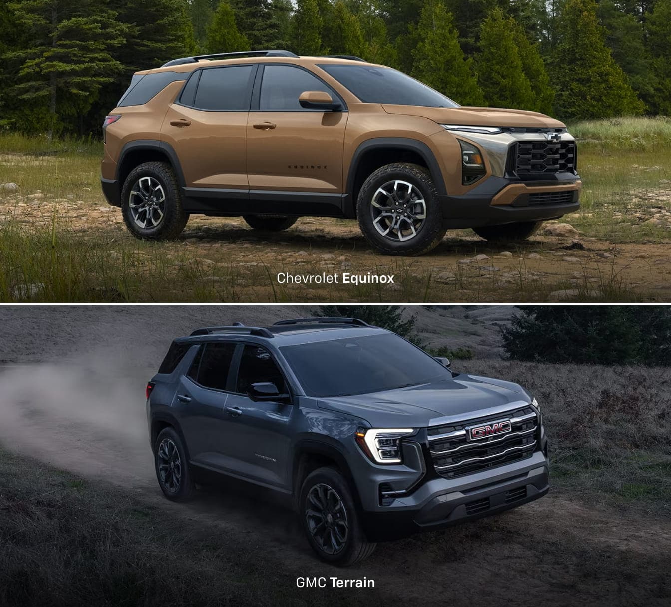 Side-by-side comparison of the Chevrolet Equinox and GMC Terrain SUVs, featuring the Equinox parked in a mountainous landscape and the Terrain driving on a scenic road.