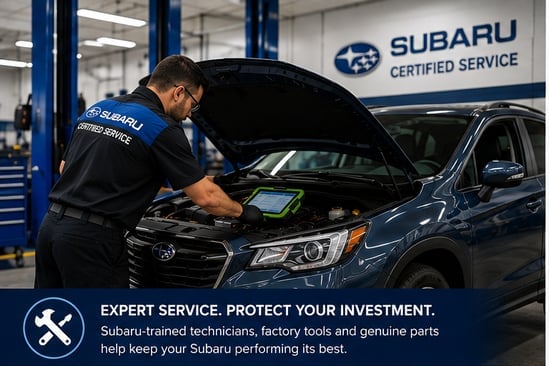 Subaru-trained technician servicing a Subaru at Grand Subaru