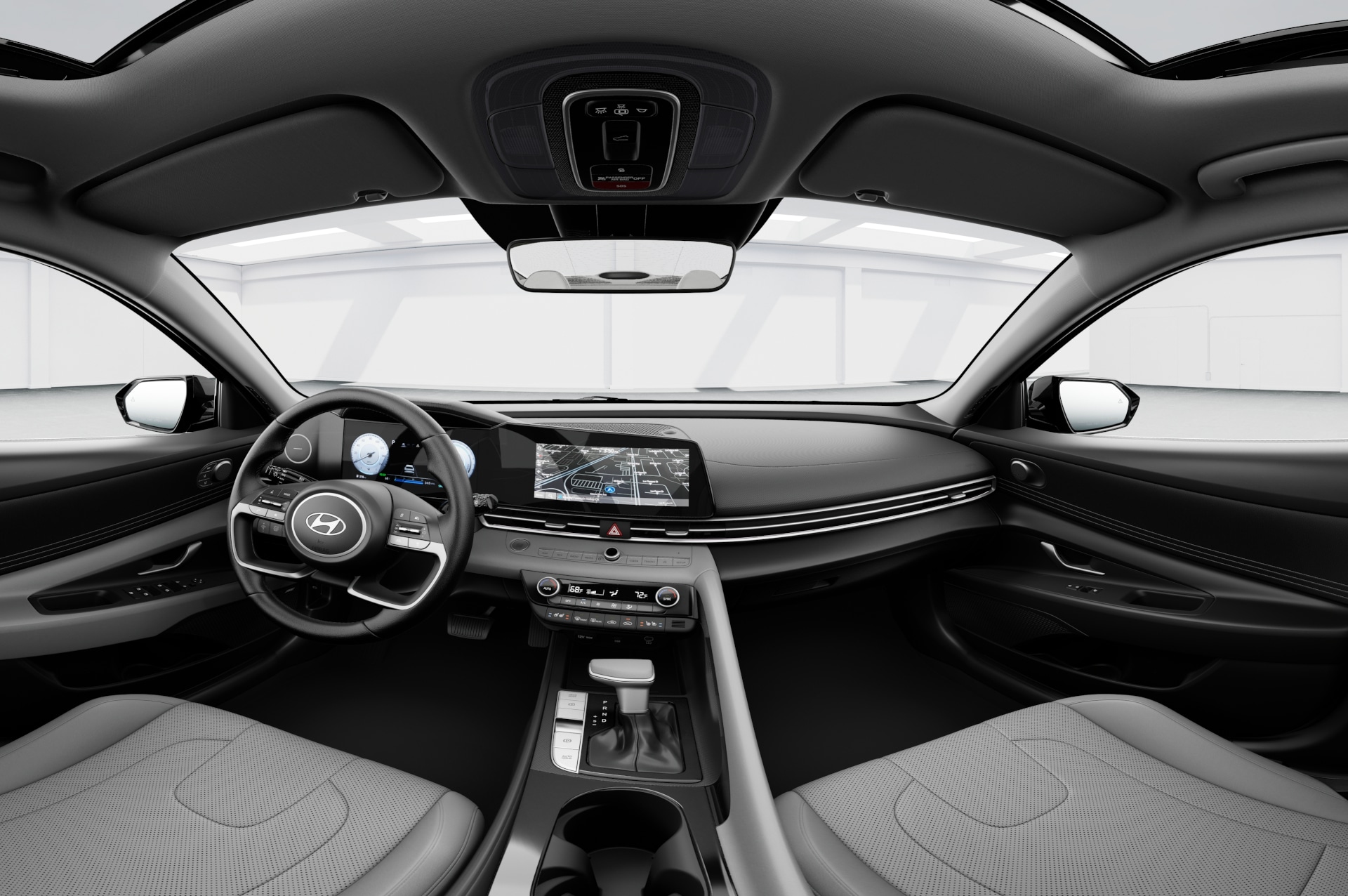 A panaromic view of the interior of the 2025 Hyundai Elantra Hybrid with limited trim