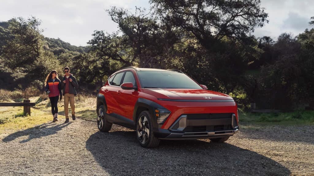 The 2024 Hyundai Kona with a red exterior
