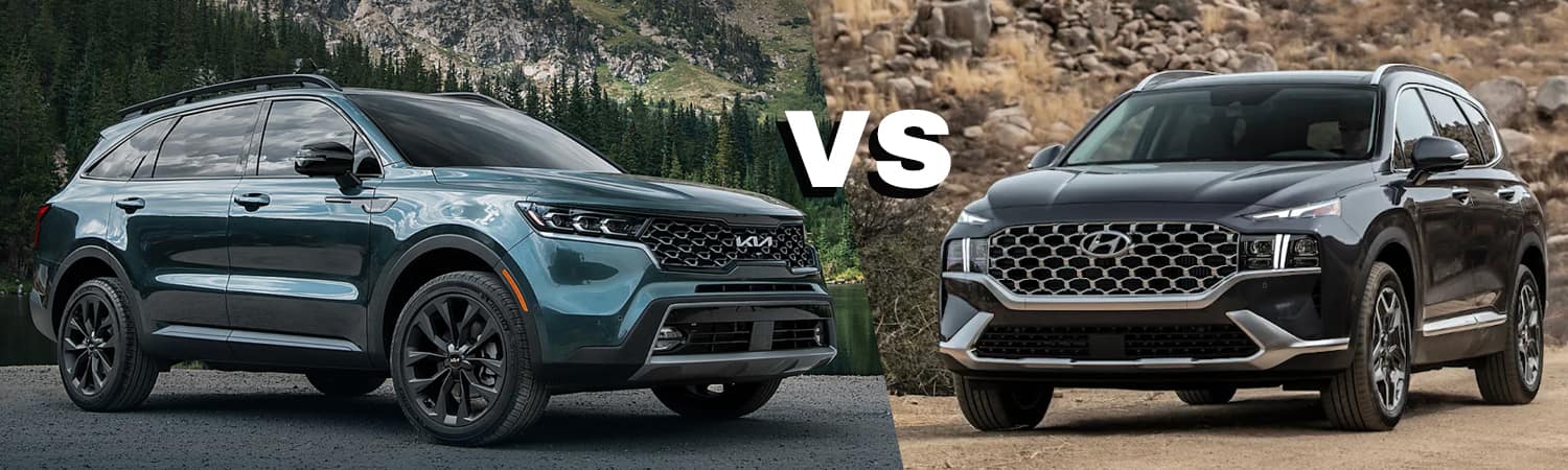 Picture of the 2023 Kia Sorento next to the 2023 Hyundai Santa Fe