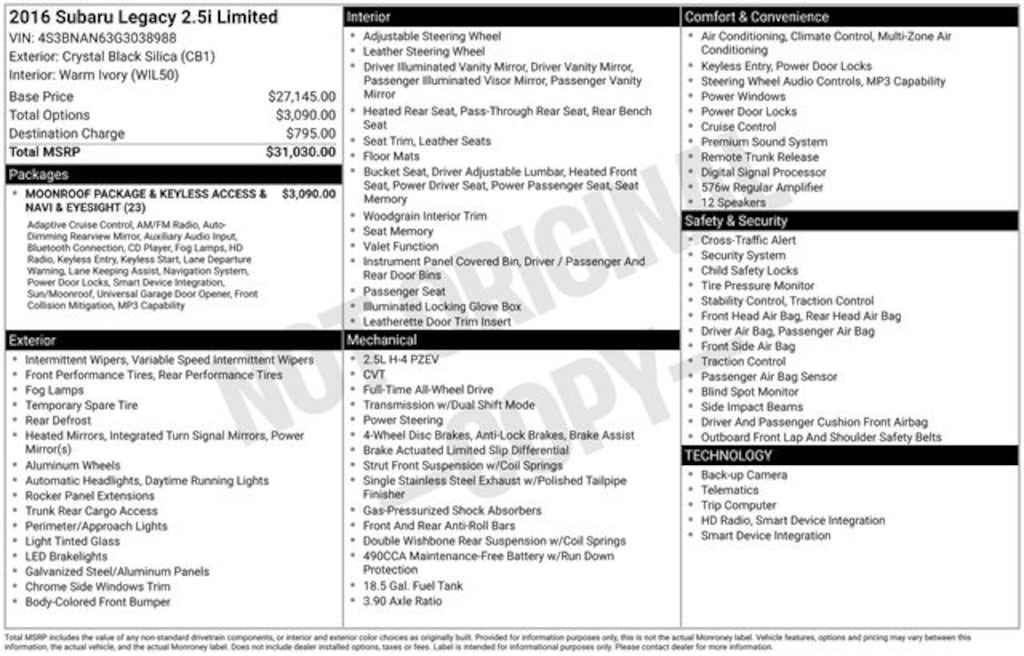 Used 2016 Subaru Legacy 2.5i Sedan