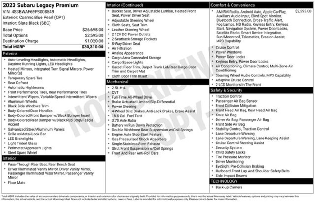 Certified 2023 Subaru Legacy Premium Sedan