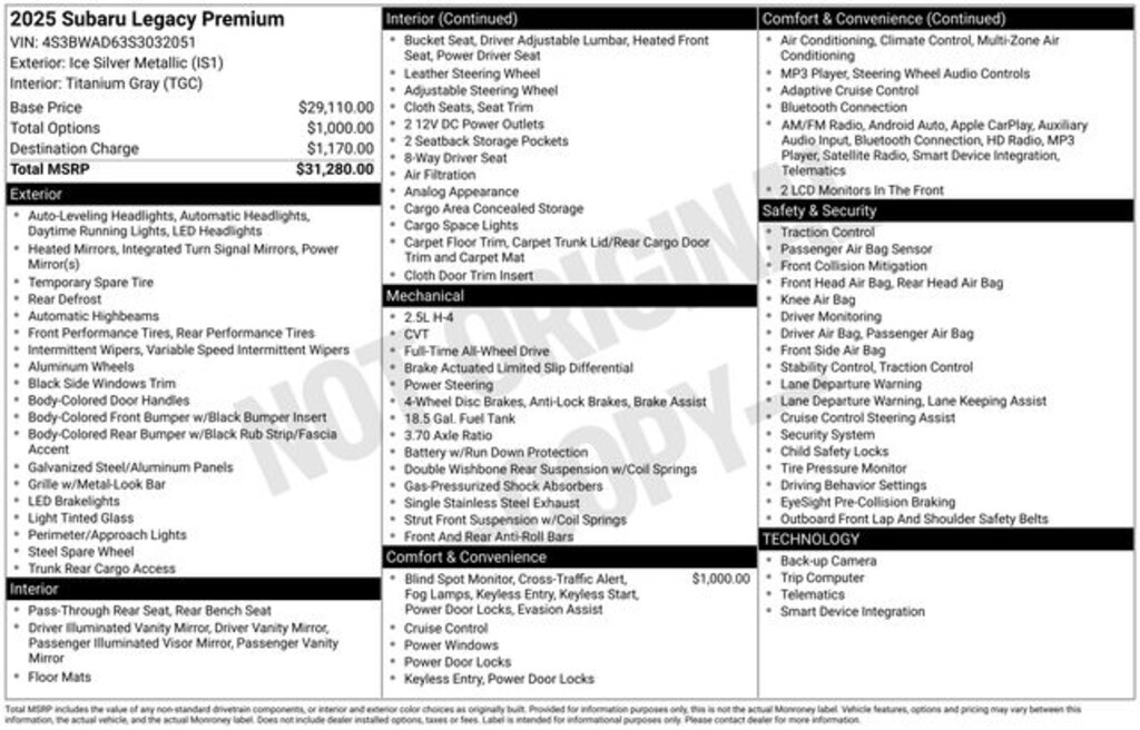 Used 2025 Subaru Legacy Premium Sedan