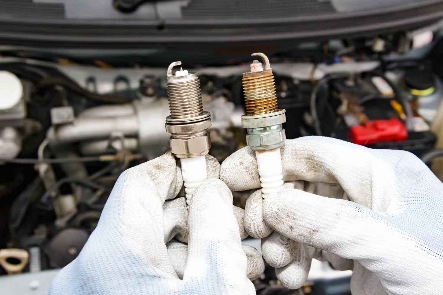 A man holding two spark plugs in his hands.