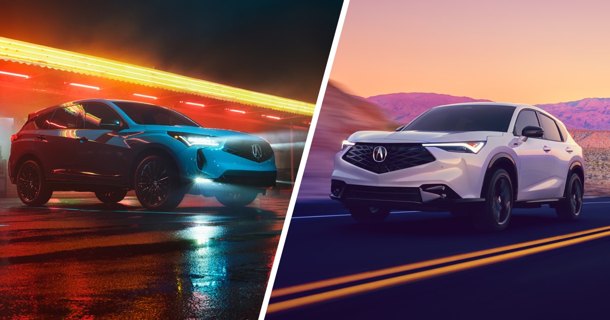 Two photos comparing the Acura ADX and Acura RDX, both vehicles on the road at night. 