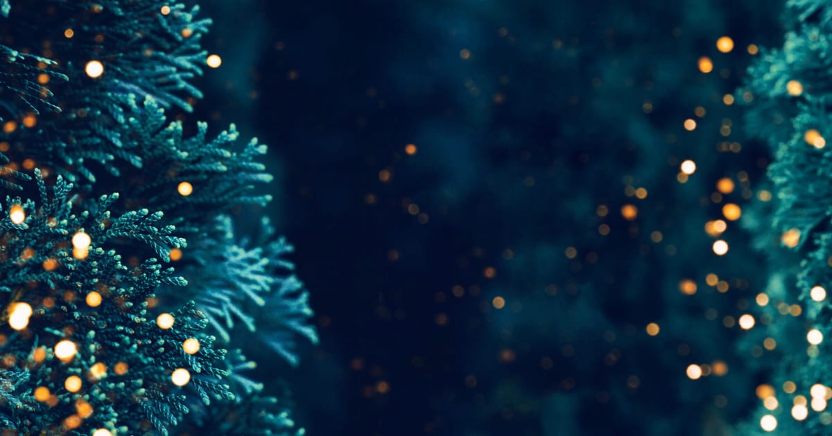Close-up of the edge of a Christmas tree with shimmering dots of light scattered around