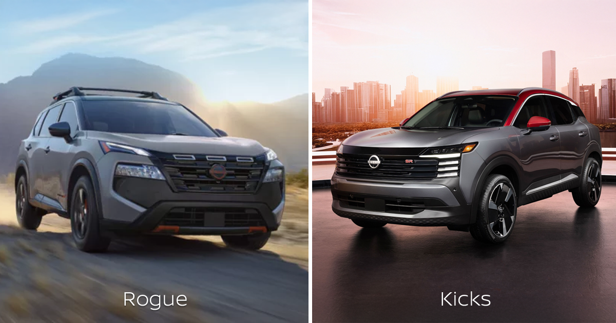 Two photos comparing the Nissan Rogue and Nissan Kicks models