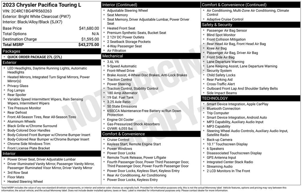 Used 2023 Chrysler Pacifica Touring L Van Passenger Van
