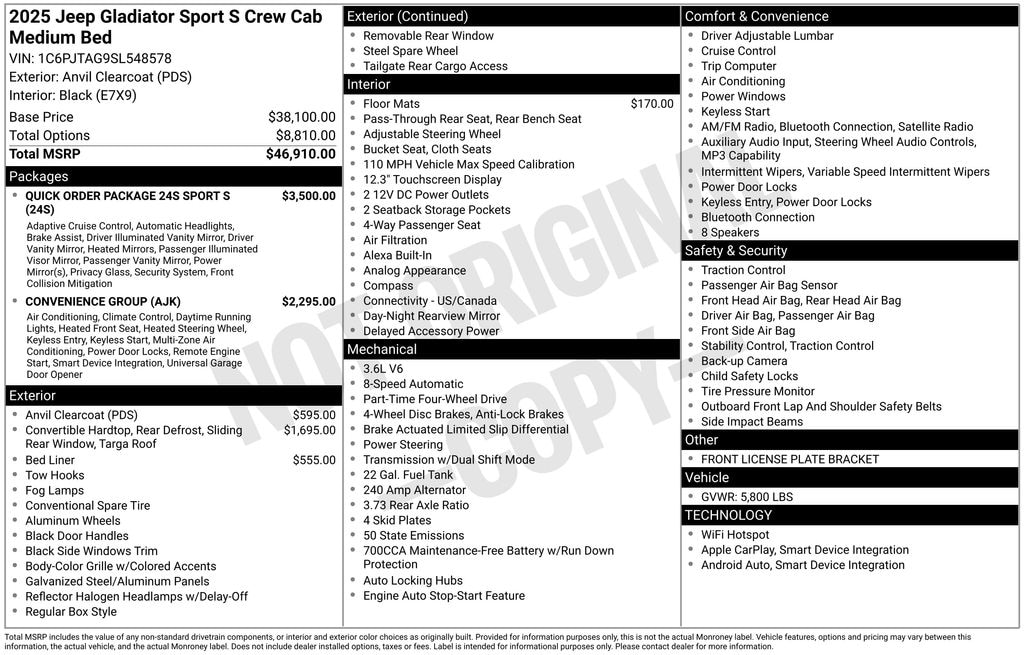 New 2025 Jeep Gladiator SPORT S 4X4 Pickup