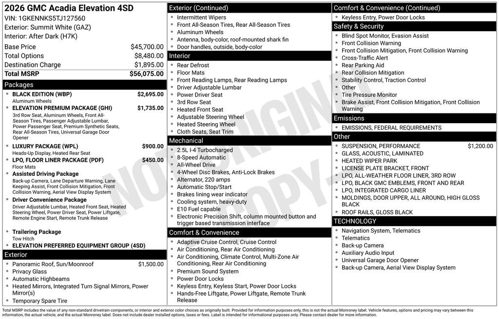 New 2026 GMC Acadia Elevation SUV