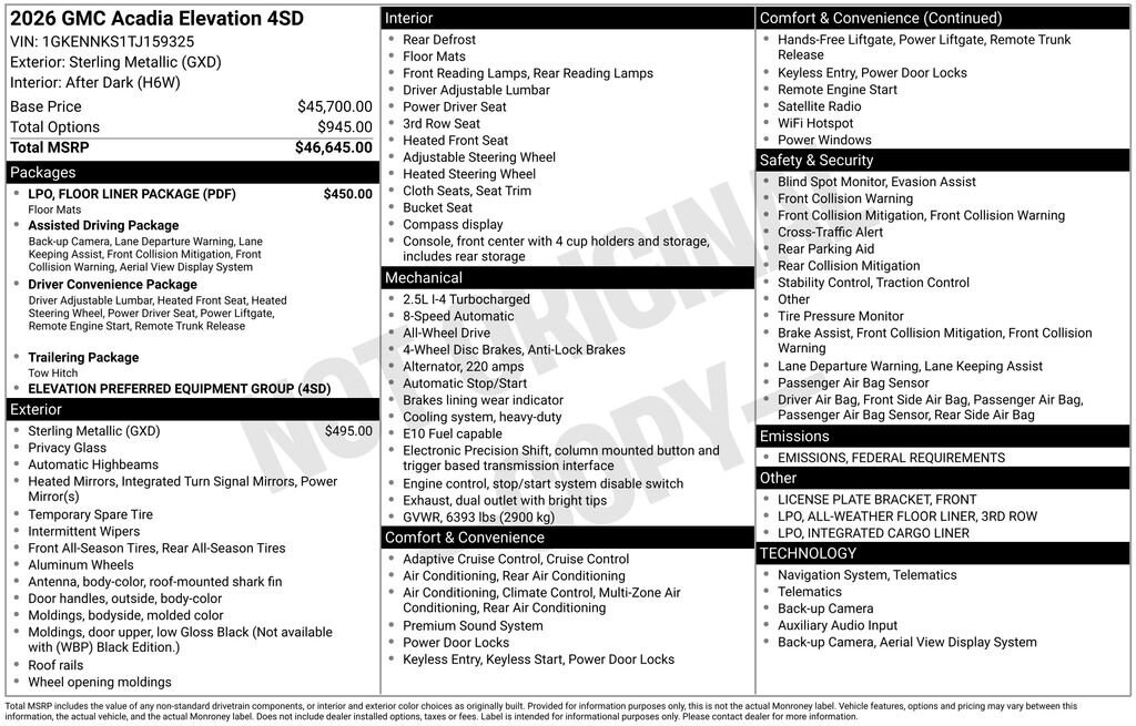 New 2026 GMC Acadia Elevation SUV
