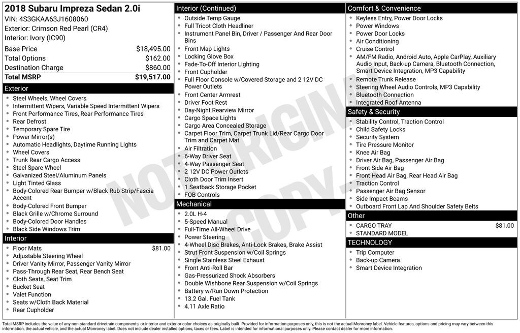 Used 2018 Subaru Impreza 2.0i Sedan