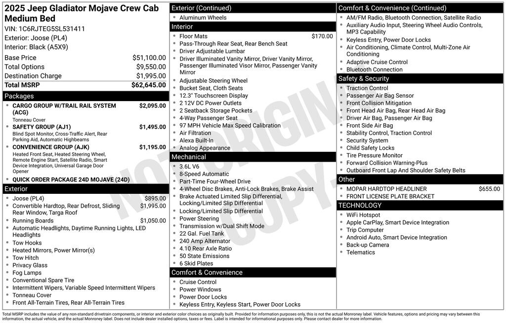 New 2025 Jeep Gladiator MOJAVE 4X4 Pickup