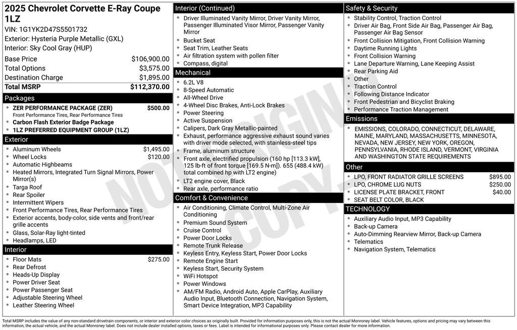 New 2025 Chevrolet Corvette E-Ray 1LZ Coupe