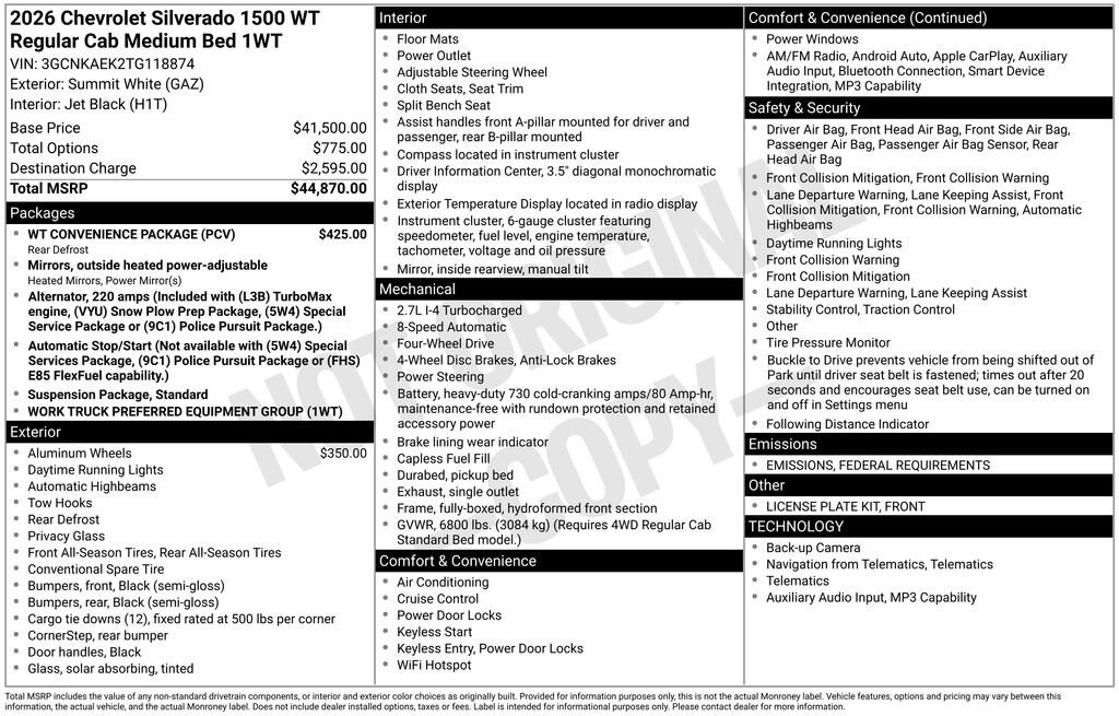 New 2026 Chevrolet Silverado 1500 WT Truck